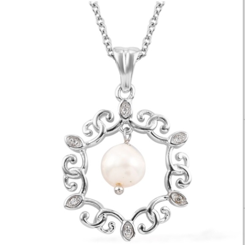 Simulated Diamond & Freshwater Pearl Necklace - Picture 1 of 5